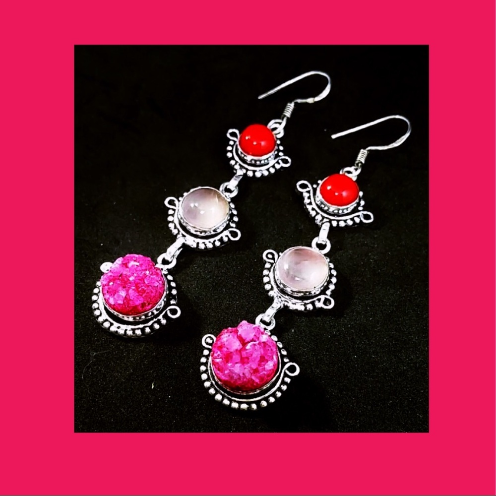 Pink Druzy, Red Coral & Rose Quartz Earrings